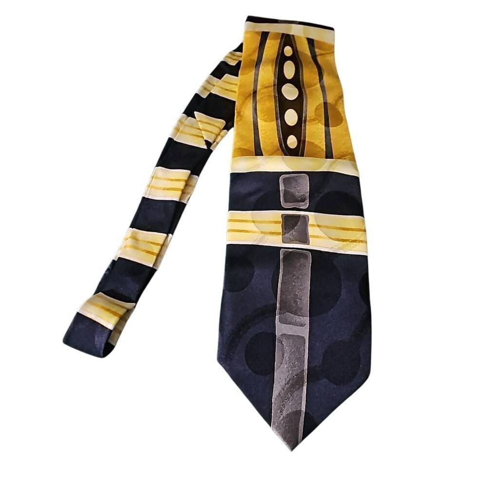 Bello Uomo Hand Made 100% Silk Tie. Yellow, black and gray art deco.